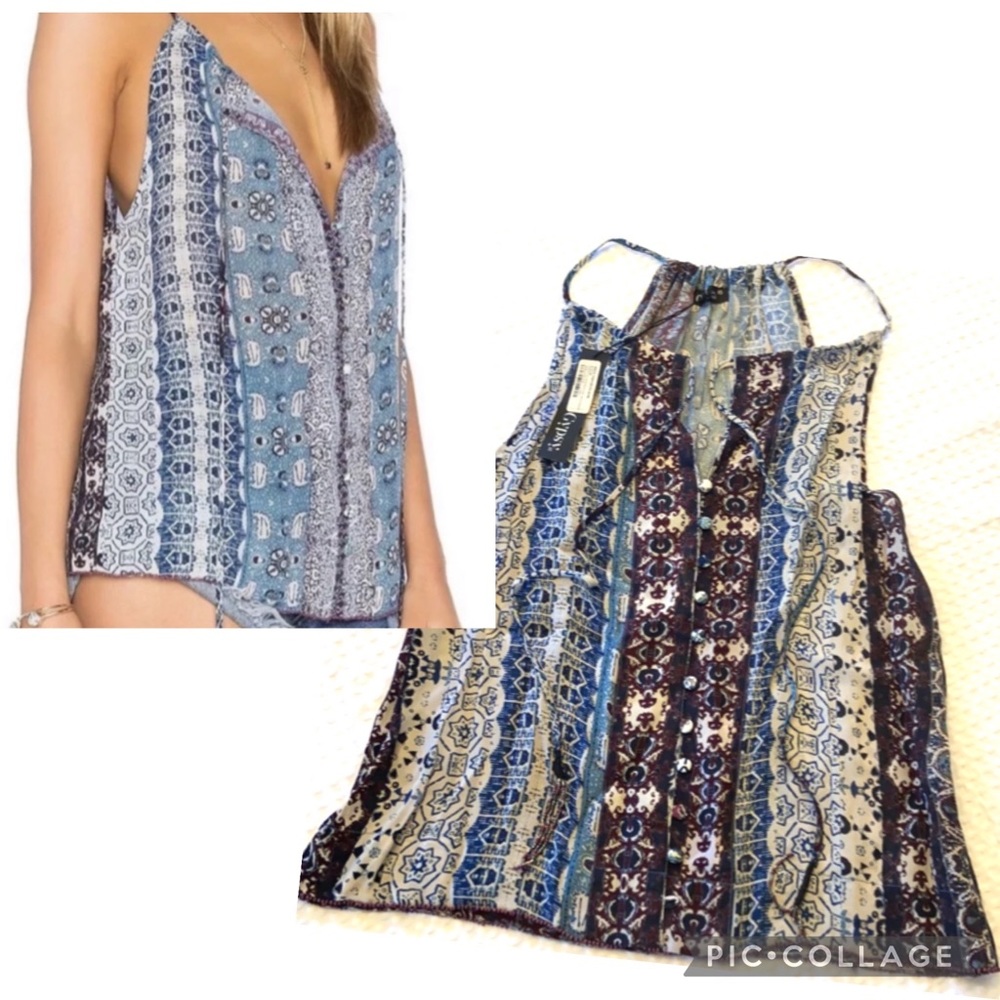 NEW! GYPSY 05 Size XS Annika Printed Halter Tank Top Button Down Blue Purple
